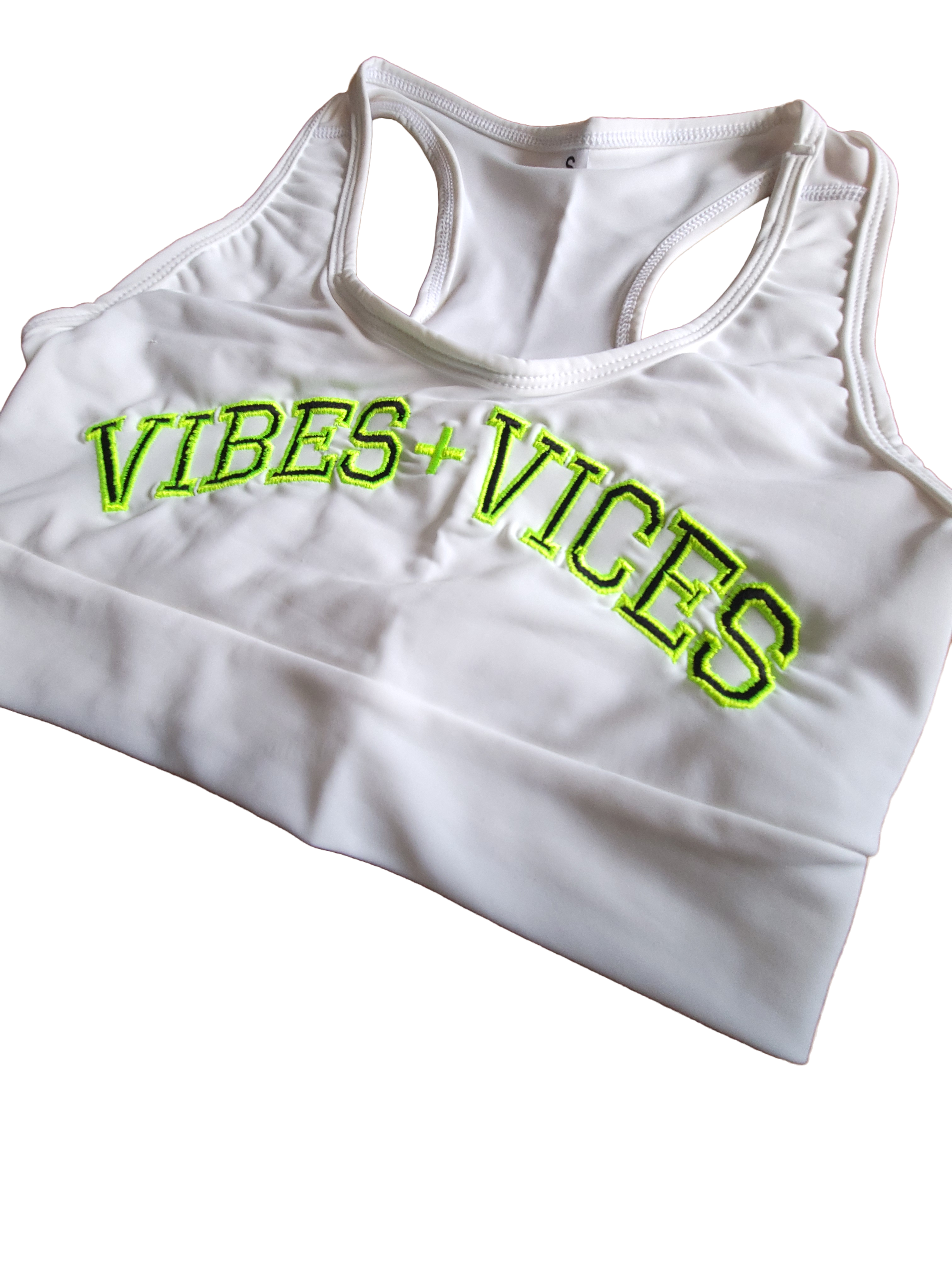 Vibes and Vices Sports Bra Sports Bra Small / White/Neon,3X-Large / White/Neon,2X-Large / White/Neon,X-Large / White/Neon,Large / White/Neon,Medium / White/Neon Gray